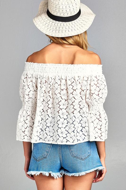 Women's 3/4 Three Quarter Long Sleeve Off Shoulder Floral Lace Top